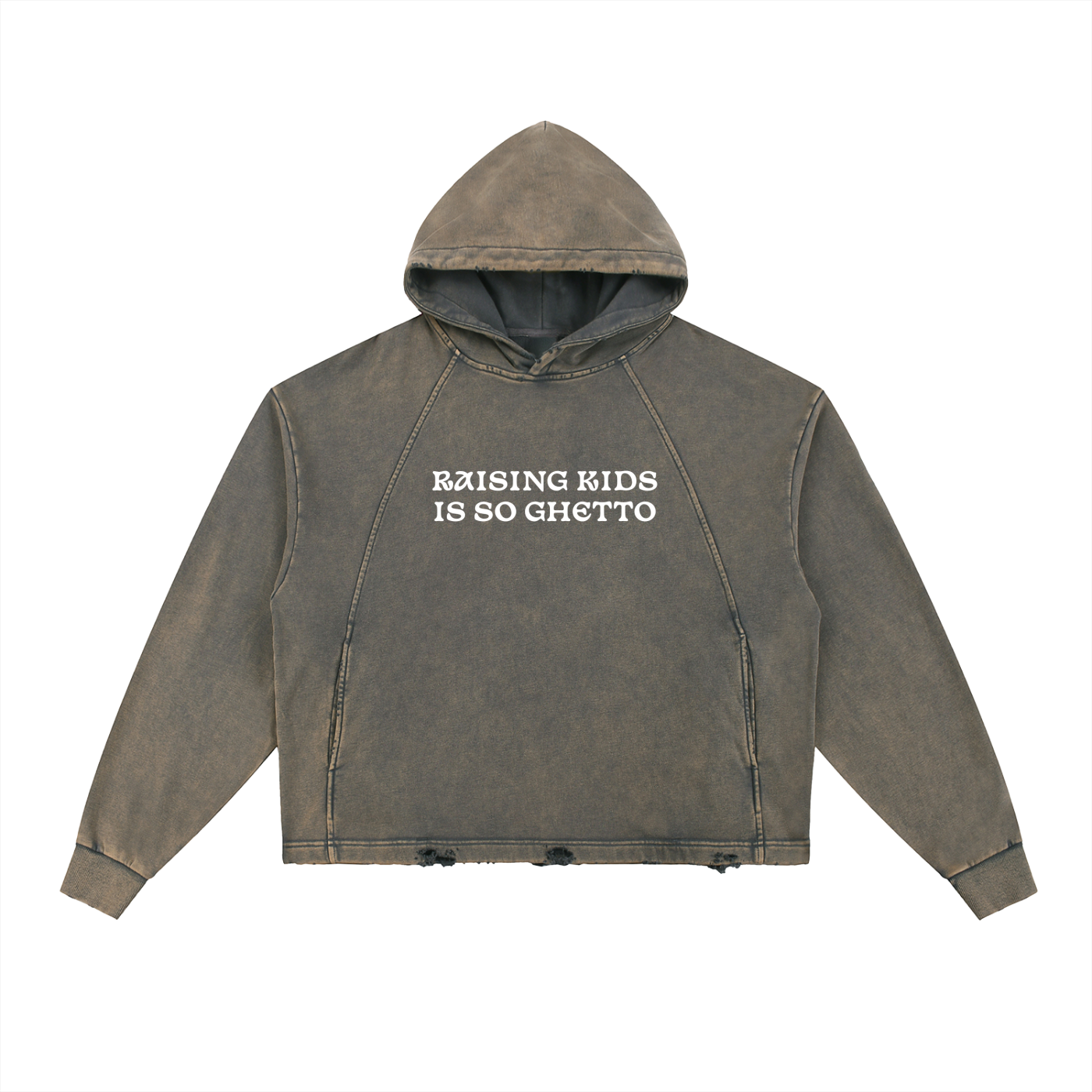 "Raising Kids Is So Ghetto" Vintage Washed Frayed-Hem Hoodie